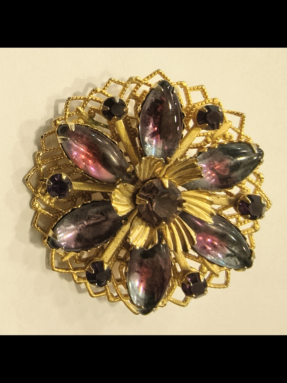 Gold-Tone Amethyst Colored Rhinestone Flower Brooch